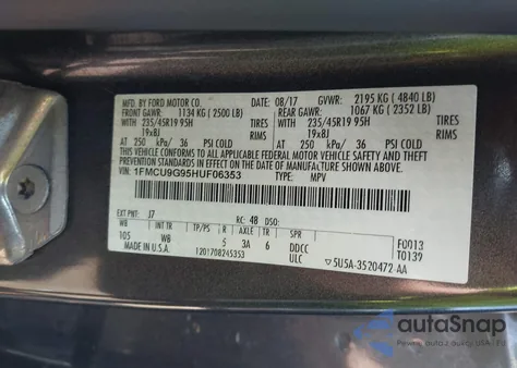 2017 Ford Escape Se из США, поврежденный, VIN 1FMCU9G95HUF06353